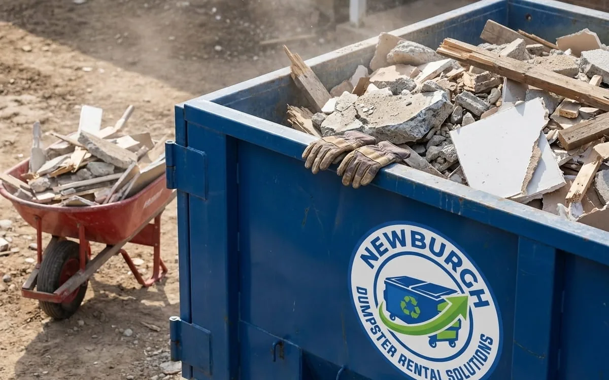 Concrete and Heavy Debris Disposal in Newburgh Dumpster loaded with broken concrete and heavy debris in Newburgh