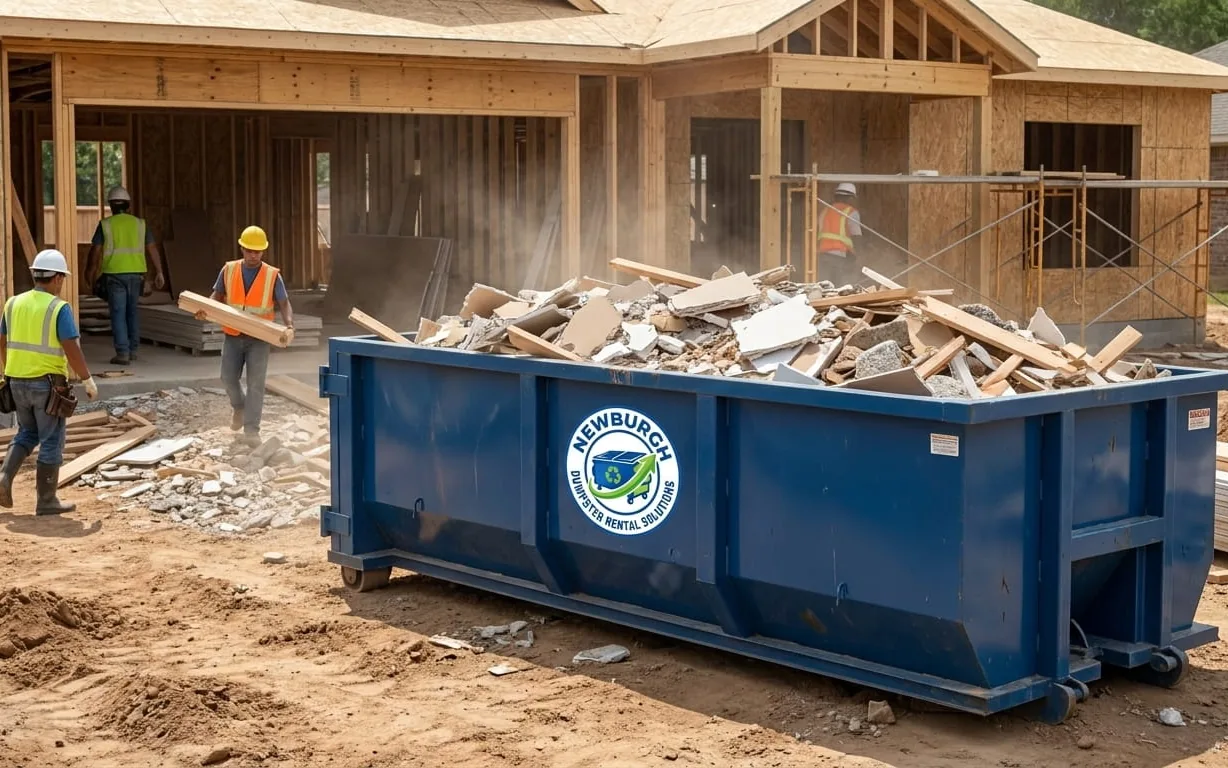Construction Debris Disposal Rules Every Newburgh Homeowner Should Know Roll-off dumpster on a Newburgh driveway loaded with construction debris
